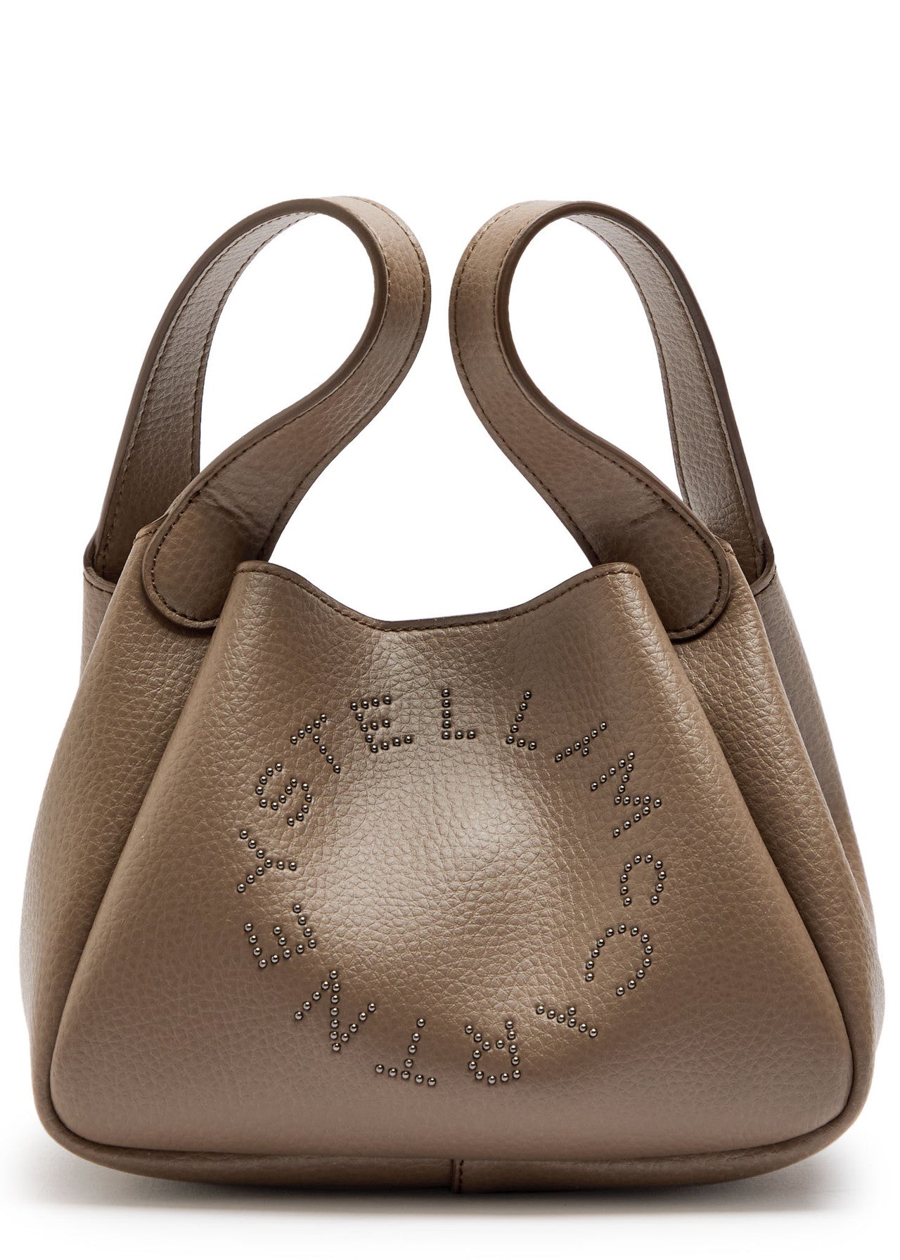 Logo studded faux leather top handle bag