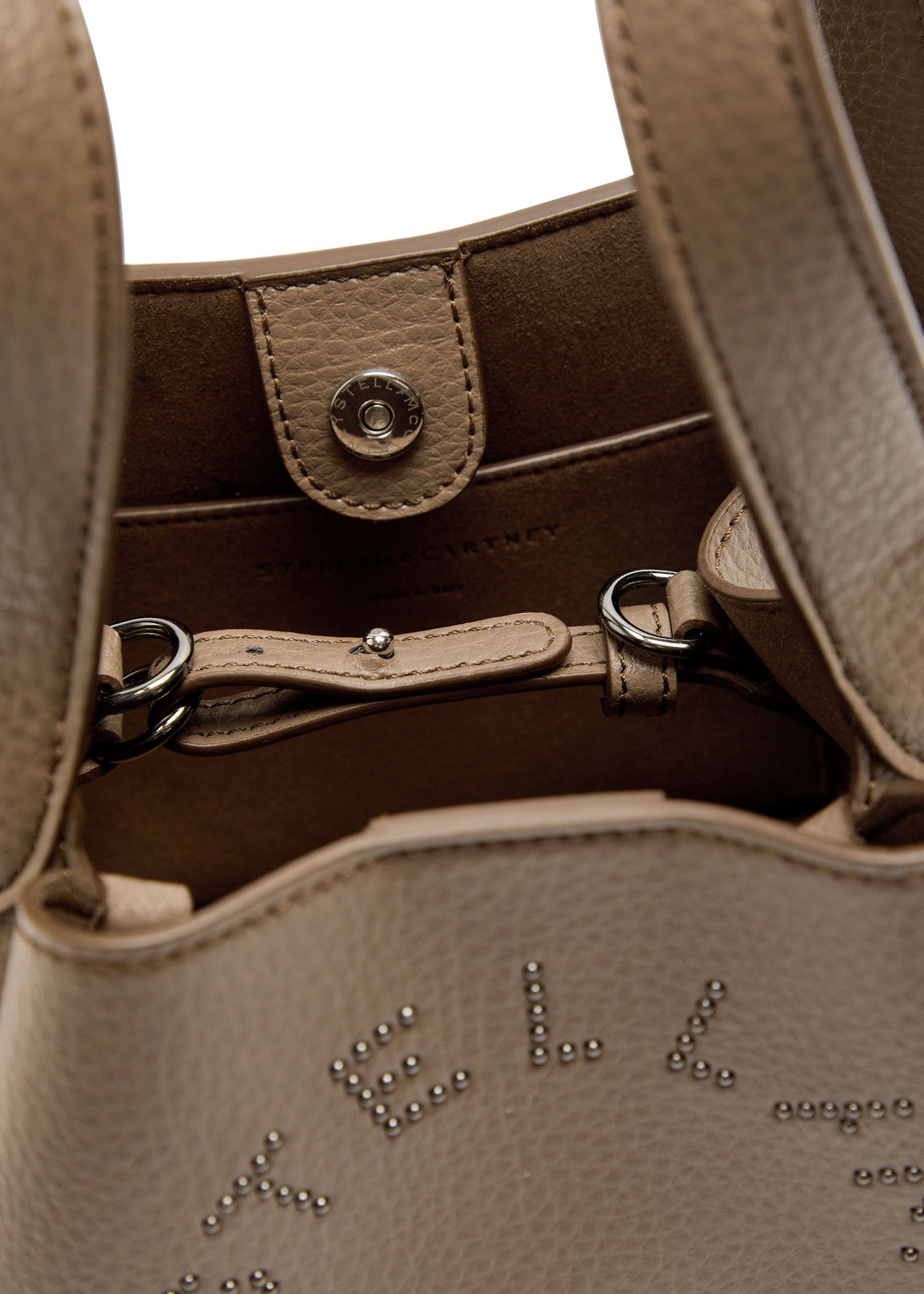 Logo studded faux leather top handle bag