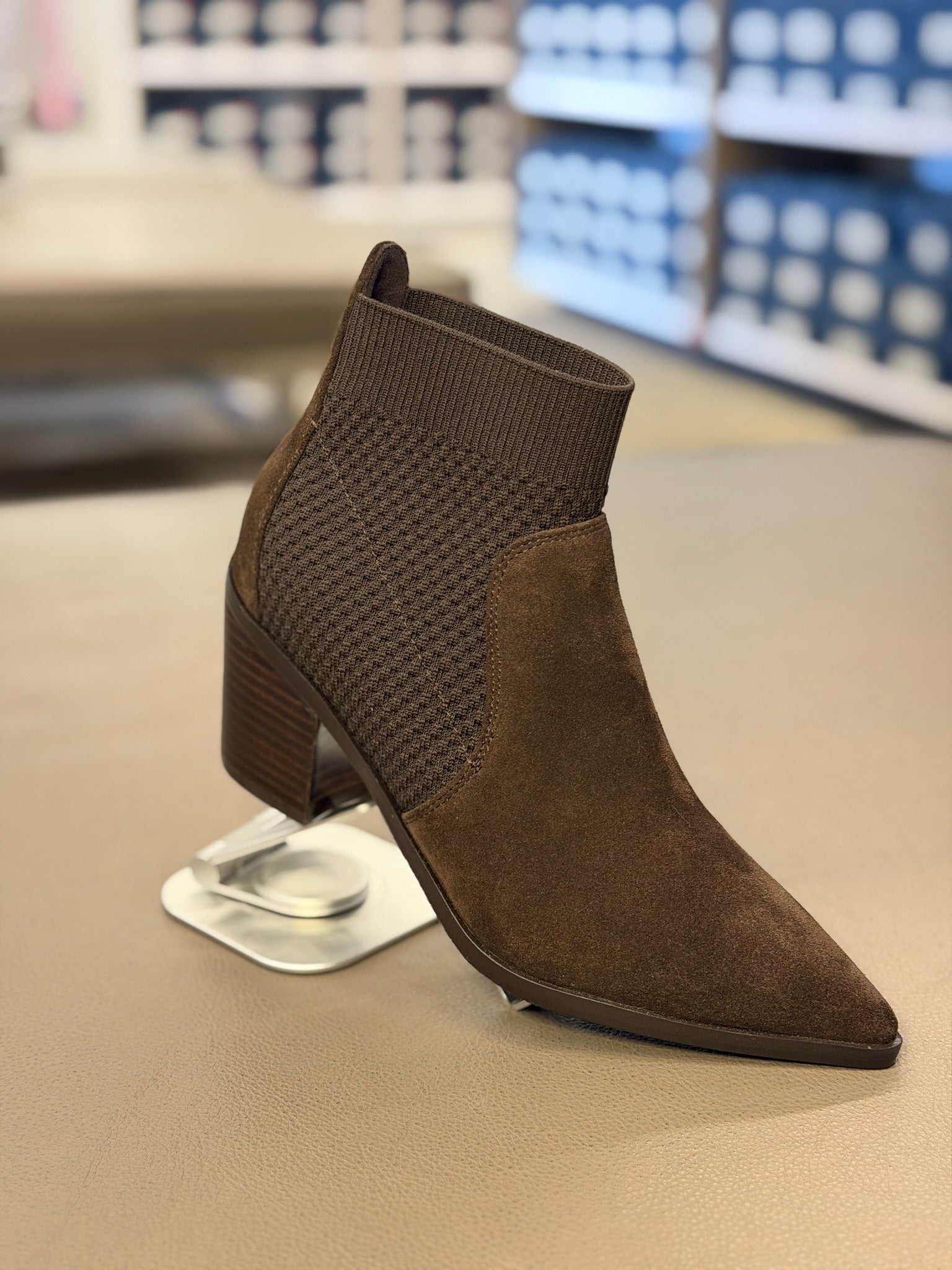 Maggie Suede Ankle Knit Booties Pointed Toe Block Heel Dark Brown