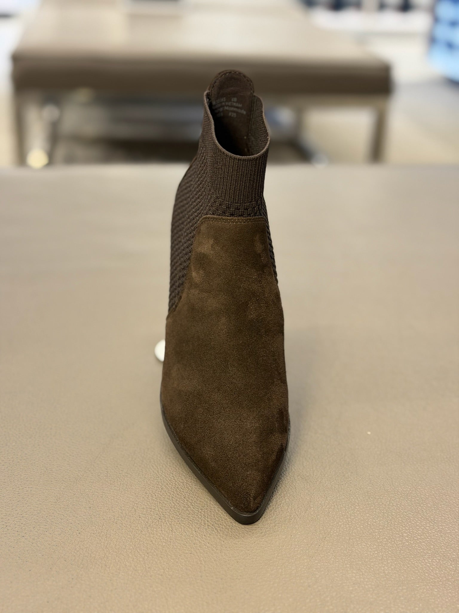 Maggie Suede Ankle Knit Booties Pointed Toe Block Heel Dark Brown