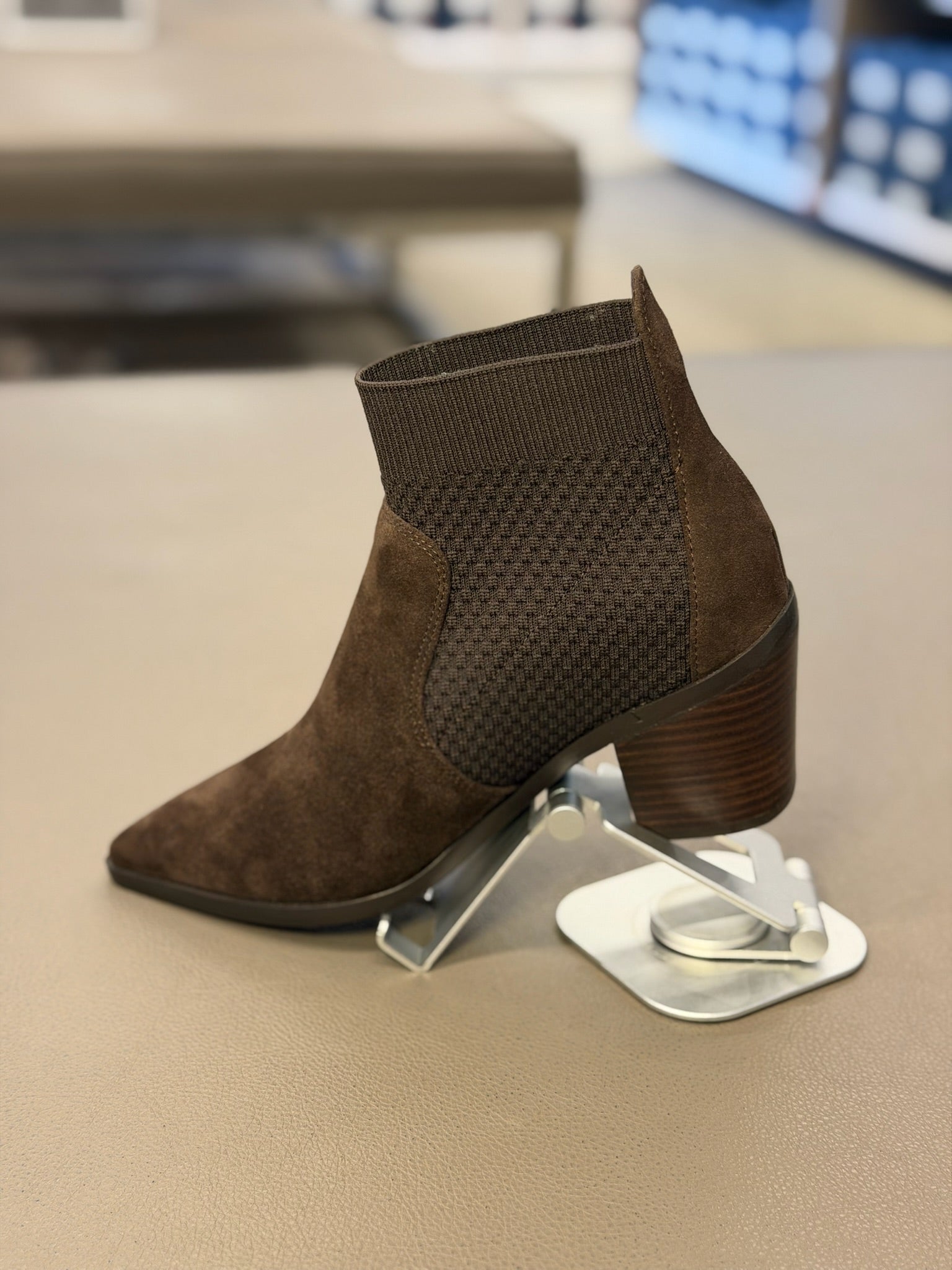 Maggie Suede Ankle Knit Booties Pointed Toe Block Heel Dark Brown