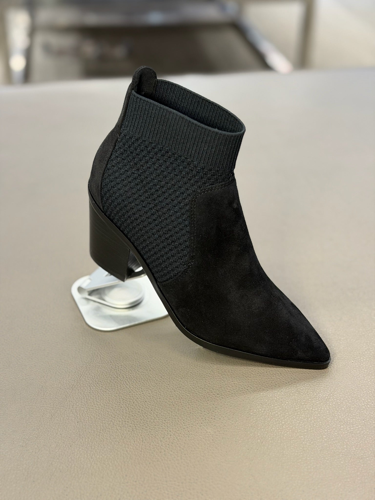 Maggie Suede Ankle Knit Booties Pointed Toe Block Heel