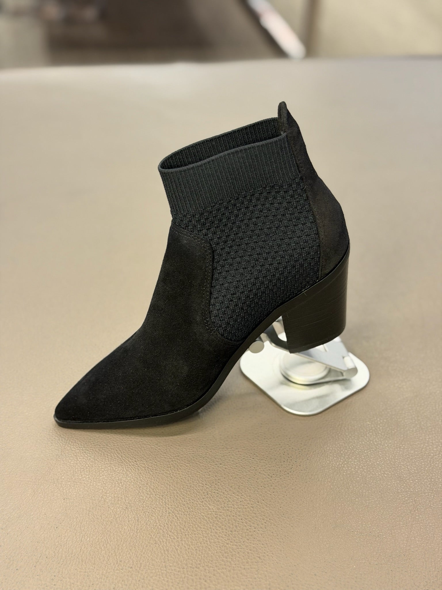 Maggie Suede Ankle Knit Booties Pointed Toe Block Heel