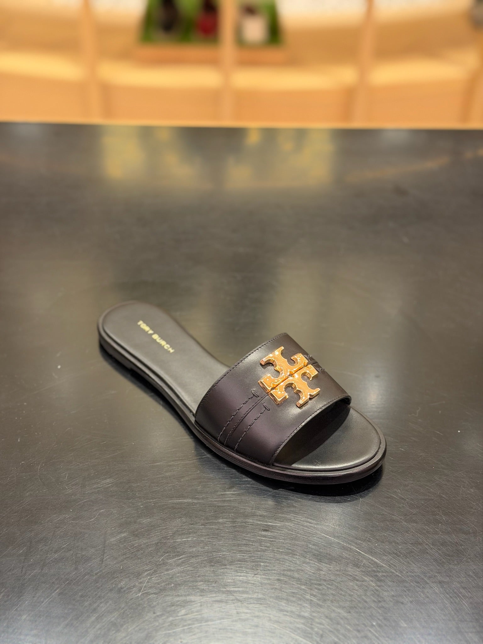 Leather Everly Flat Slides in Black