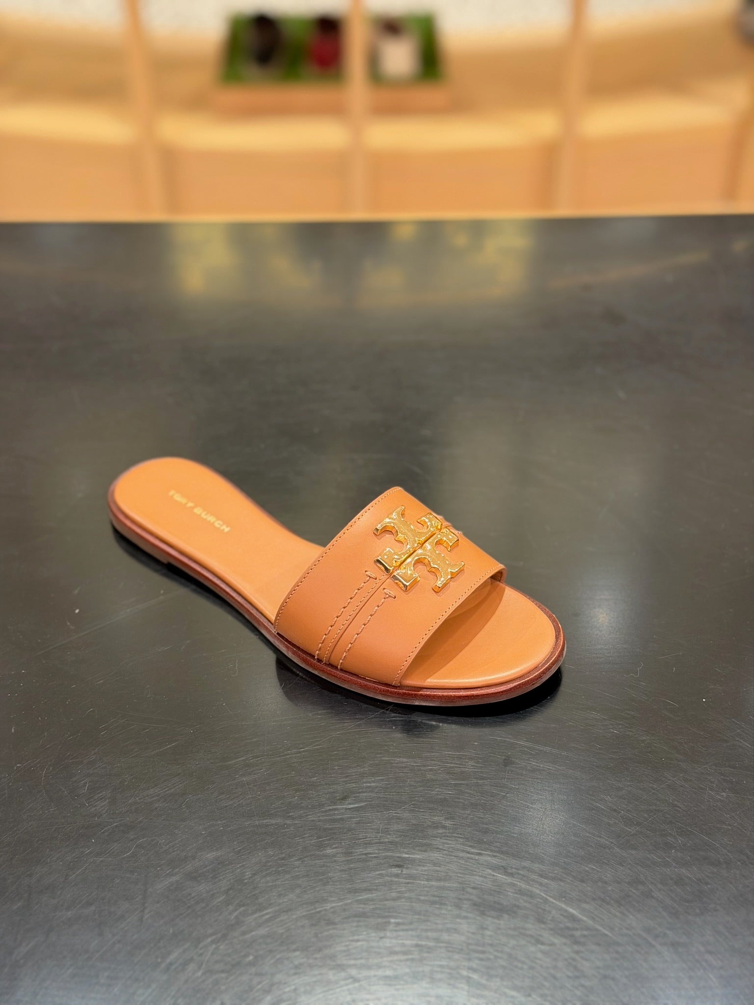 Leather Everly Flat Slides in Tan