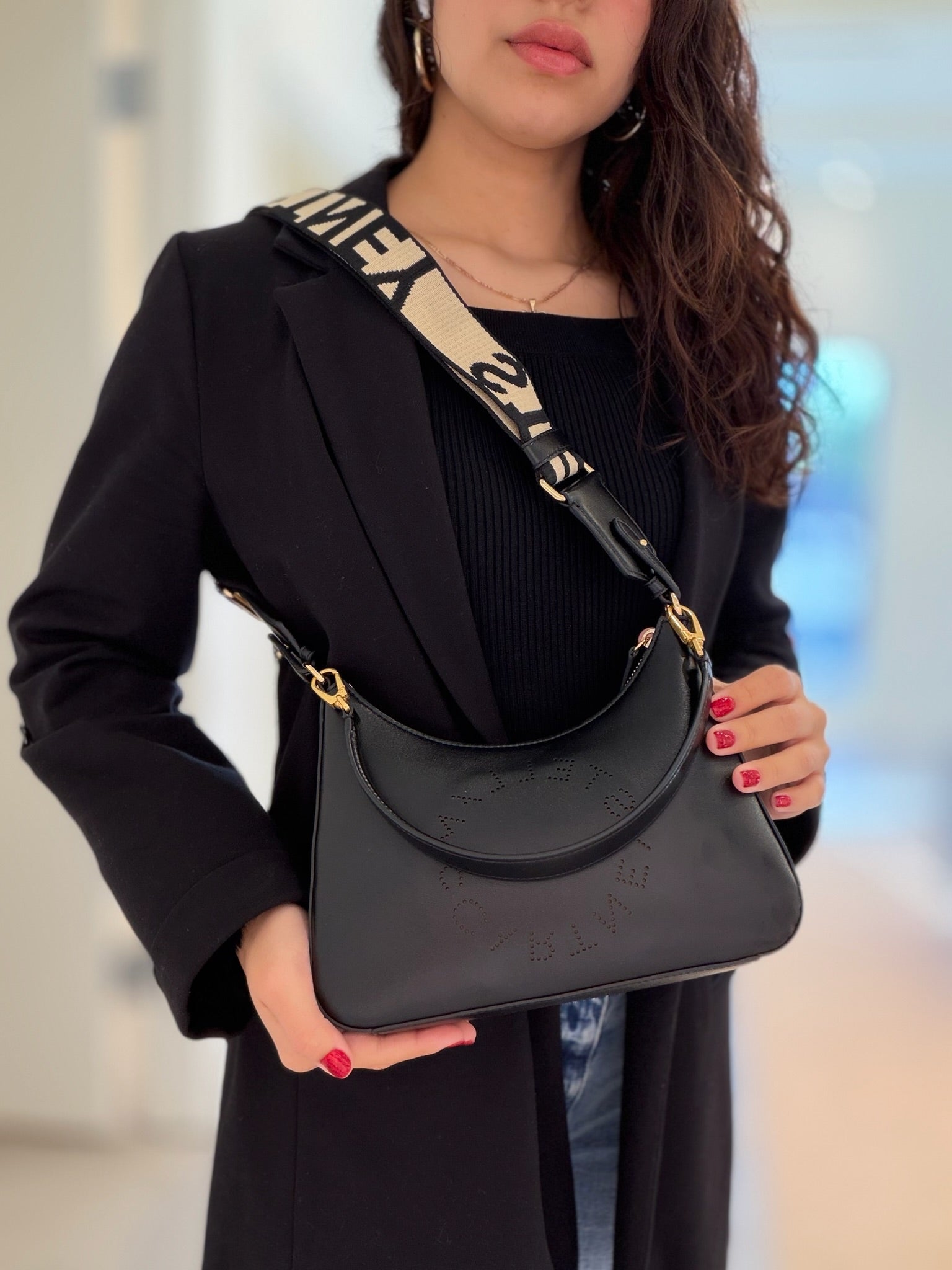 Stella McCartney Logo Perforated Shoulder Bag - Black