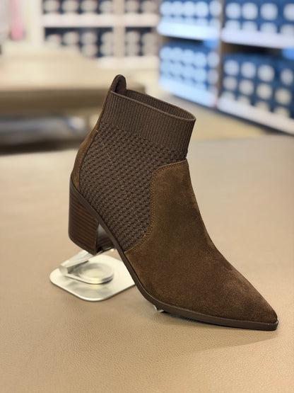 Maggie Suede Ankle Knit Booties Pointed Toe Block Heel Dark Brown