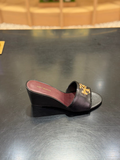 Everly Wedge Leather Sandal in Black
