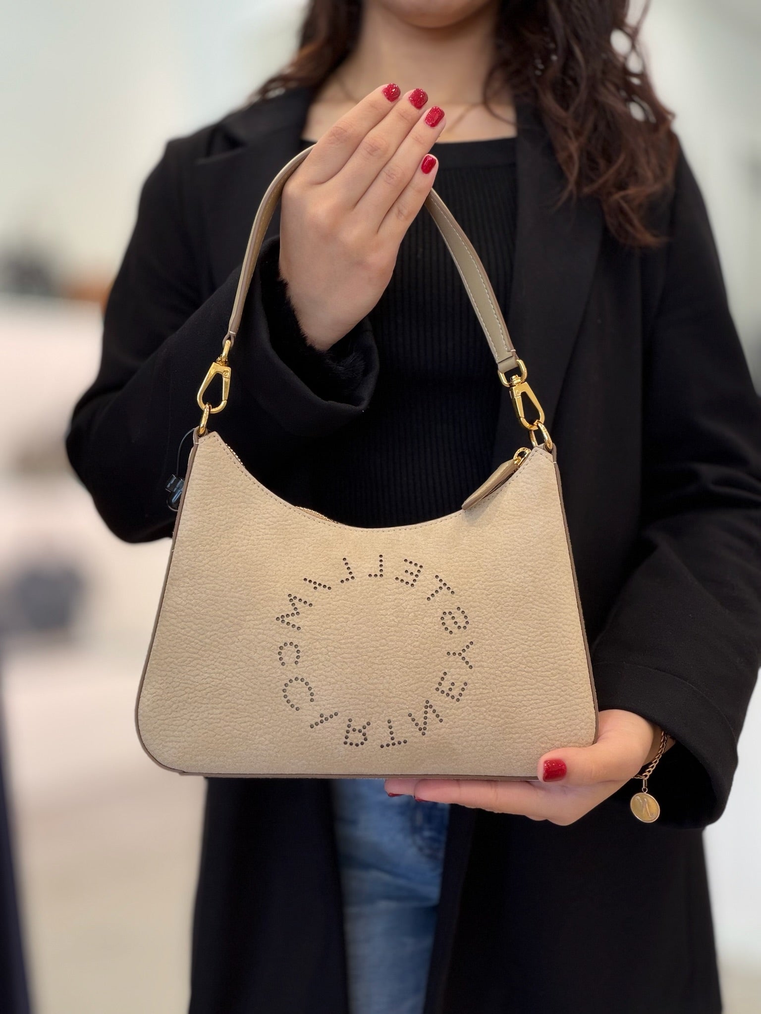 Stella McCartney Logo Perforated Shoulder Bag - Beige