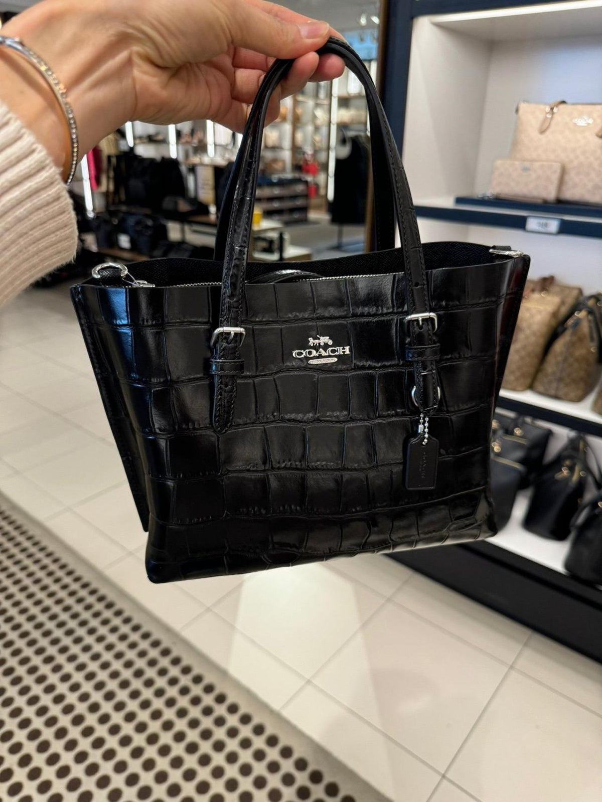 Coach Mollie Tote Bag 25 Croco-Embossed Black